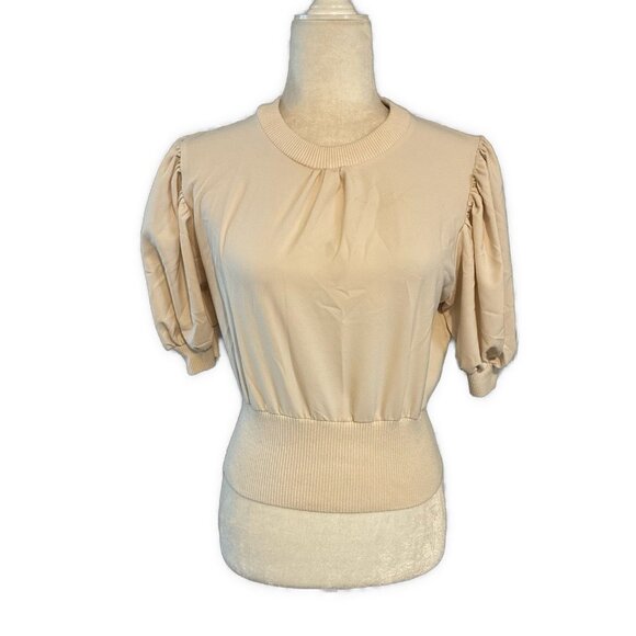 French Connection Ivory Beige Bubble Short Sleeve Crop Knit Sweater Top Small - Picture 1 of 7